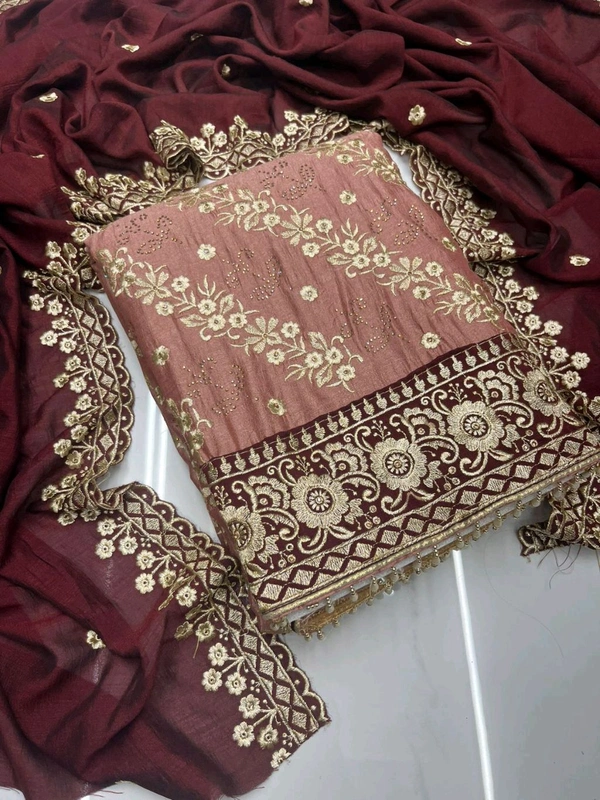 Pure Vichitra Silk Fancy Designer Pcs - Brown, Free Size