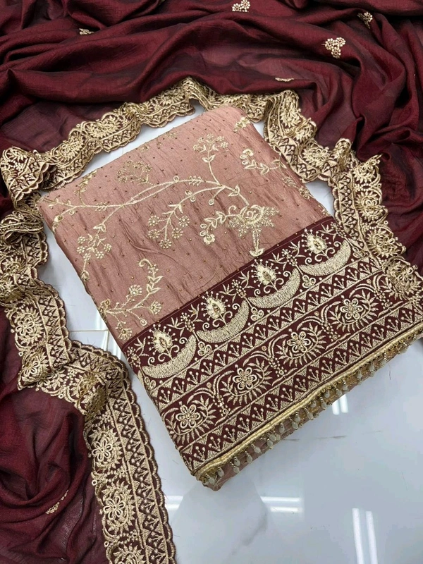 Pure Vichitra Silk Fancy Designer Pcs - Peach, Free Size