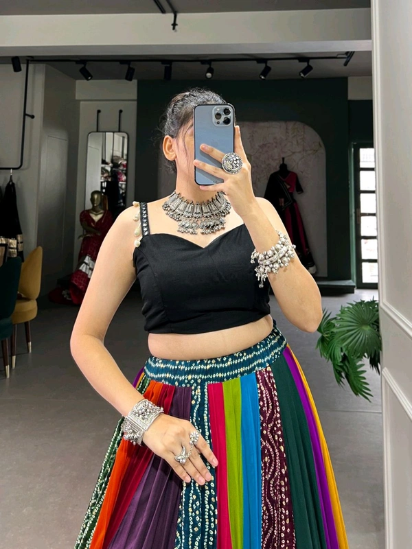 Navratri Special Multicolour Lehenga - Black, Free Size; Upto 42"