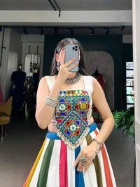 Navratri Special Multicolour Lehenga - White, Free Size; Upto 42"