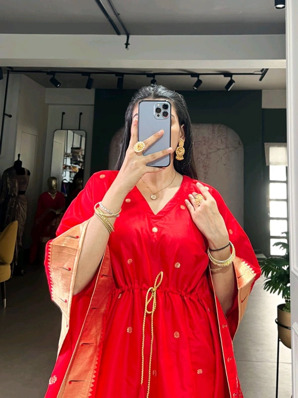 Jacquard Paithani Kaftan Dress - Red