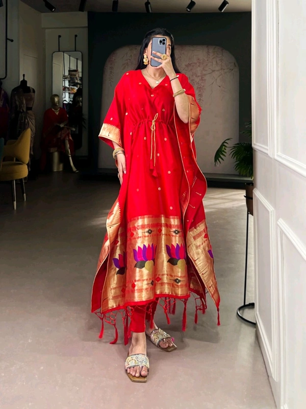 Jacquard Paithani Kaftan Dress - Red