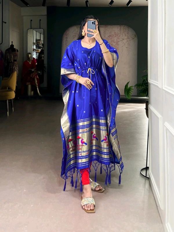 Jacquard Paithani Kaftan Dress - Blue