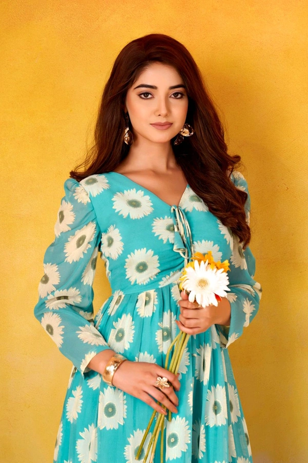 Floral Print Frock - Sky Blue, M/38