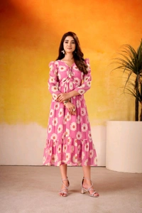 Floral Print Frock - Pink, XL/42