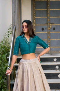 Ready To Wear Tussar Silk Floral Printed Lehenga With Mirror Work Blouse - Teal Blue