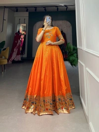 Jacquard silk Paithani Gown Dress - Pumpkin, Free Size, Free Size