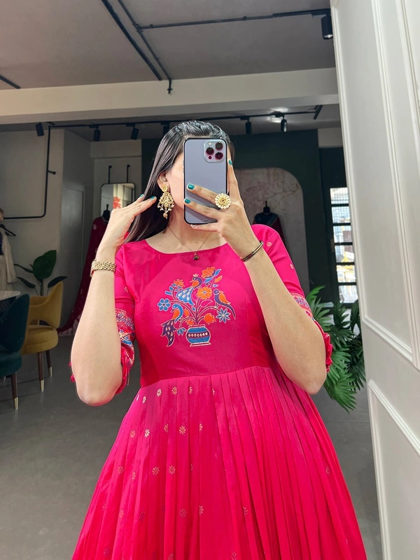 Jacquard silk Paithani Gown Dress - Cerise Red, Free Size