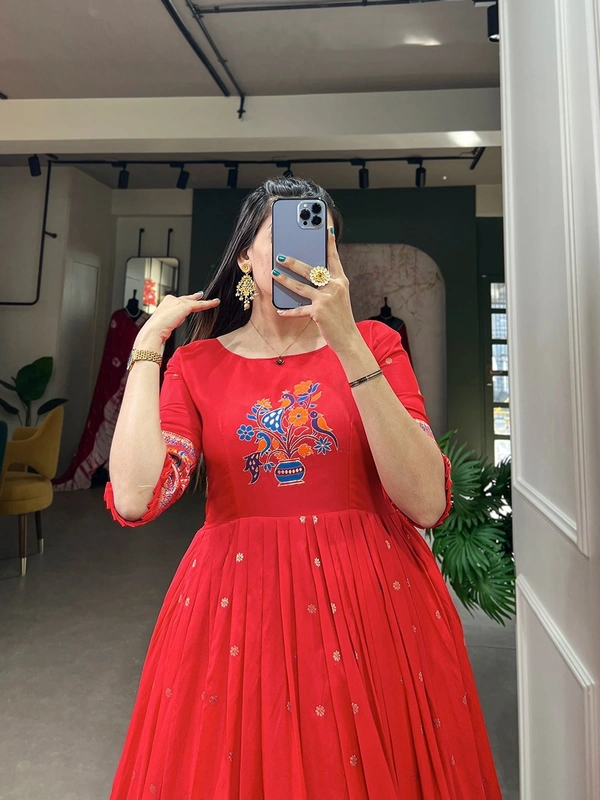 Jacquard silk Paithani Gown Dress - Red, Free Size