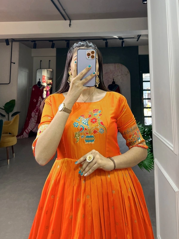 Jacquard silk Paithani Gown Dress - Pumpkin, Free Size, Free Size