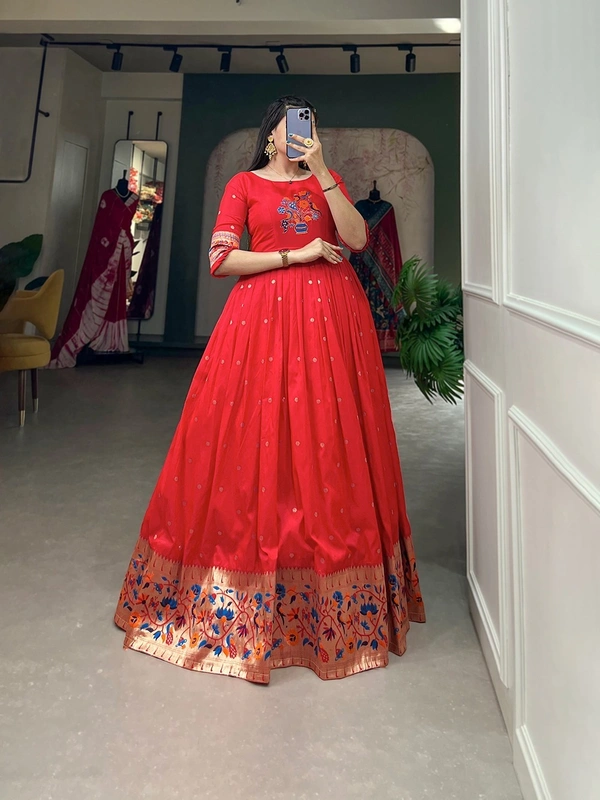 Jacquard silk Paithani Gown Dress - Red, Free Size