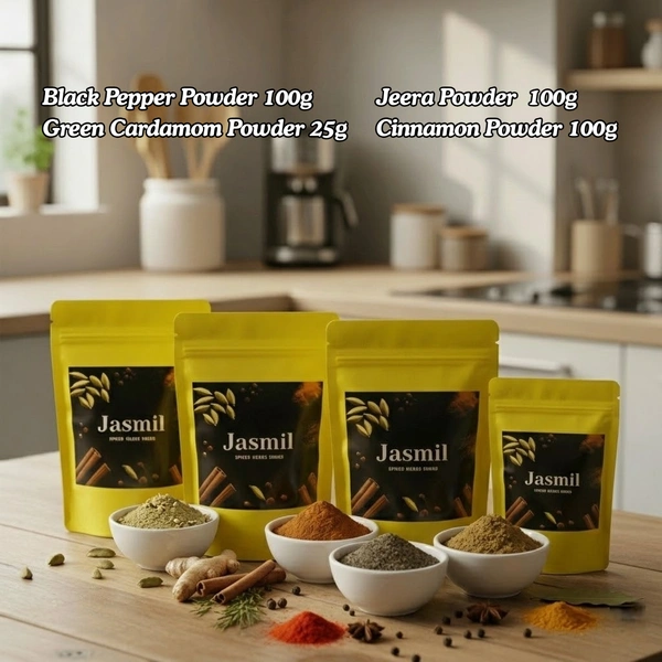 Premium Spice Powder Combo Pack – Jeera, Black Pepper, Cinnamon & Green Cardamom Powder