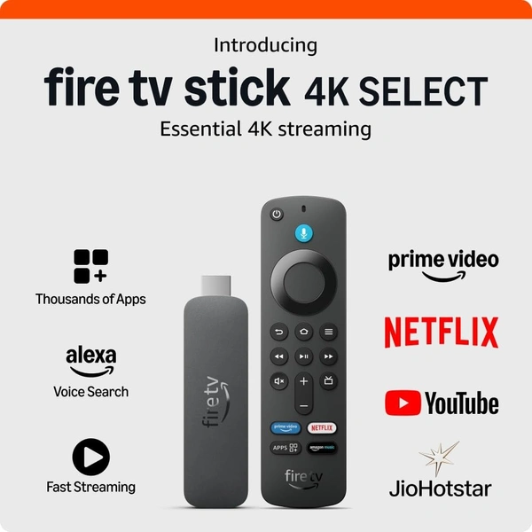 Amazon Fire TV Stick 4K Select (newest model), start streaming in 4K, Alexa voice search, stream lakhs of movies & episodes, free and live TV - Black, 8 GB