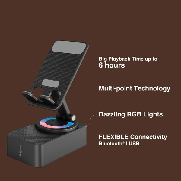 FINGERS Mini MOT (My-Own-TV) Bluetooth & USB Portable Speaker-Cum-Mobile Stand with 360ยฐ Rotation (Dazzling RGB Lights, 6-Hour Playback, Built-in Mic) - Rich Black - MINIMOT 5W