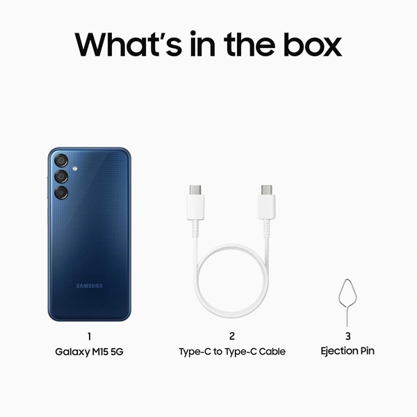 Samsung Galaxy M15 5G (Blue Topaz,4GB RAM,128GB Storage)| 50MP Triple Cam| 6000mAh Battery| MediaTek Dimensity 6100+| 4 Gen. OS Upgrade & 5 Year Security Update| Super AMOLED Display| Without Charger - Galaxy M15 5G