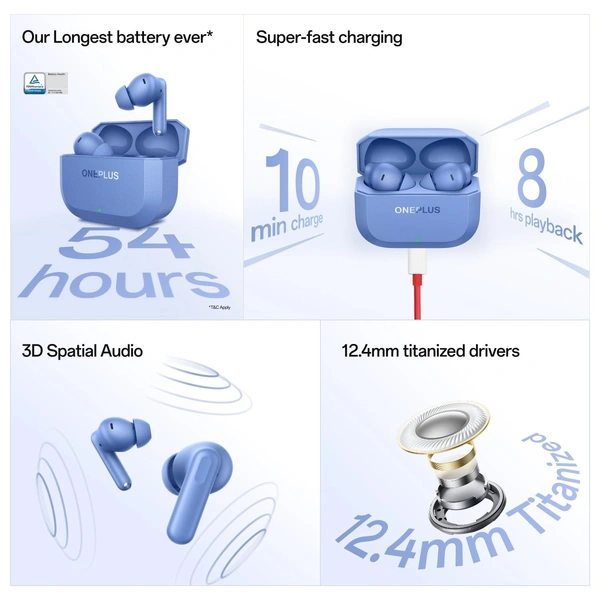 OnePlus Nord Buds 3r TWS Earbuds up to 54 Hours Playback, 2-mic Clear Calls, 3D Spatial Audio, AI Translation, 12.4mm Drivers, Dual-Device Connectivity, 47ms Low Latency - NORD BUDS 3R