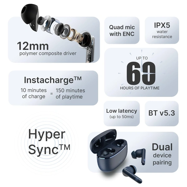 Noise Aura Buds in Ear Truly Wireless Earbuds with 60H of Playtime, Quad Mic with ENC, Dual Device Pairing, Instacharge(10 Min=150 Min),12Mm Polymer Composite Driver,BT V5.3 - AURA BUDS