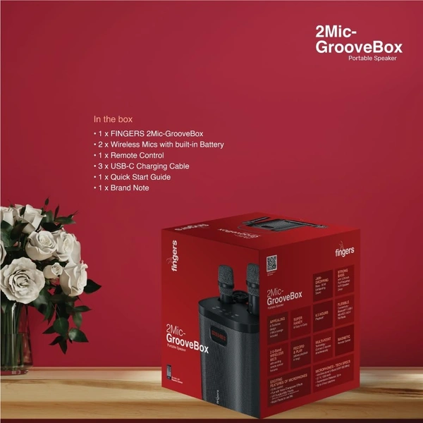 FINGERS 2Mic-GrooveBox Portable Speaker with 2 Wireless Mics (6.5-Hour Playback, 20 W Intense Bass, Recording Feature, Bluetooth | USB | MicroSD | FM Radio | AUX) Rich Black - GROOVE BOX 2MIC 37W