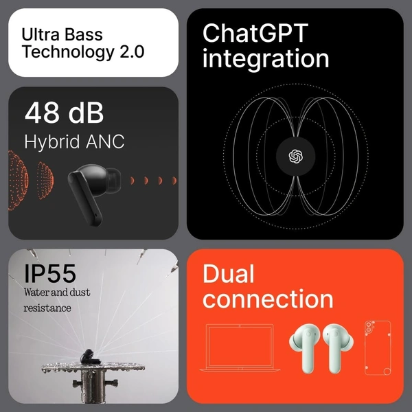 CMF BY NOTHING Buds 2 x 48dB Hybrid ANC Wireless Earbuds, 55 Hours Runtime, 11mm PMI Driver, 6 HD Microphones and Space Audio, IP55 Water Resistant - Light Green - BUDS 2