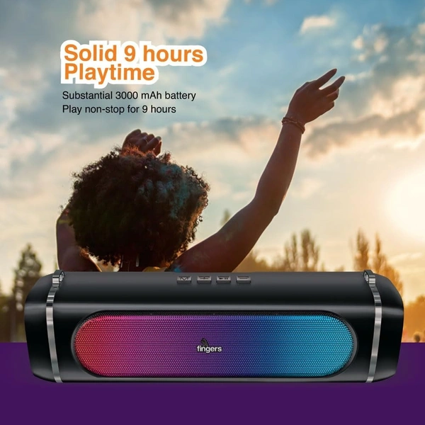 FINGERS SoundPower-20 Bluetooth Portable Speaker with Powerful 20 W Deep Bass, Mesmerizing RGB Lights, 9-Hour Playtime, Free Carry Strap, Built-in Mic (Black) - SOUNDPOWER 20W
