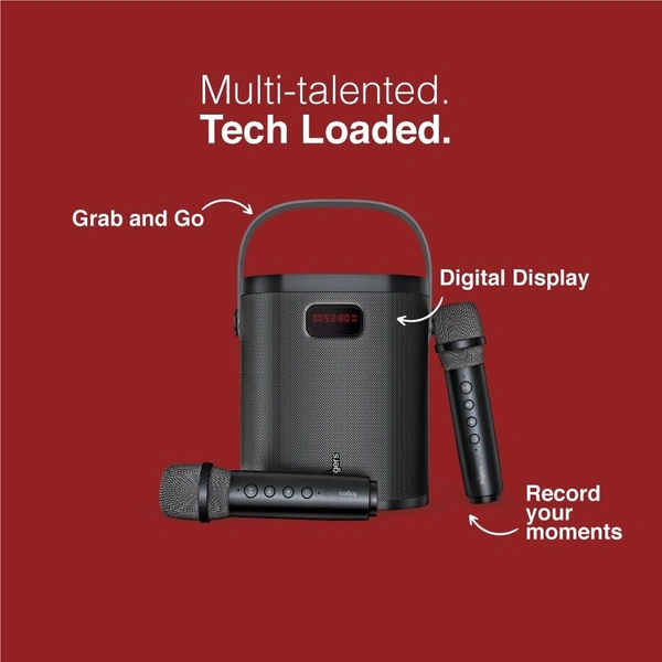 FINGERS 2Mic-GrooveBox Portable Speaker with 2 Wireless Mics (6.5-Hour Playback, 20 W Intense Bass, Recording Feature, Bluetooth | USB | MicroSD | FM Radio | AUX) Rich Black - GROOVE BOX 2MIC 37W