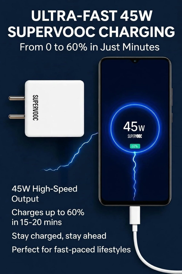 REALME Realme 45W Supervooc Charger with 1M Type-C Fast Charging Cable|Dash/Wrap/Vooc/Superdart/Dart|45Watt Adapter for Realme Narzo 80 Lite/90x/80 Pro/90/P4x/15T/15C/P3 Lite/C75/C71/GT 7/GT 7T/P3 Pro/GT 6 - 45W