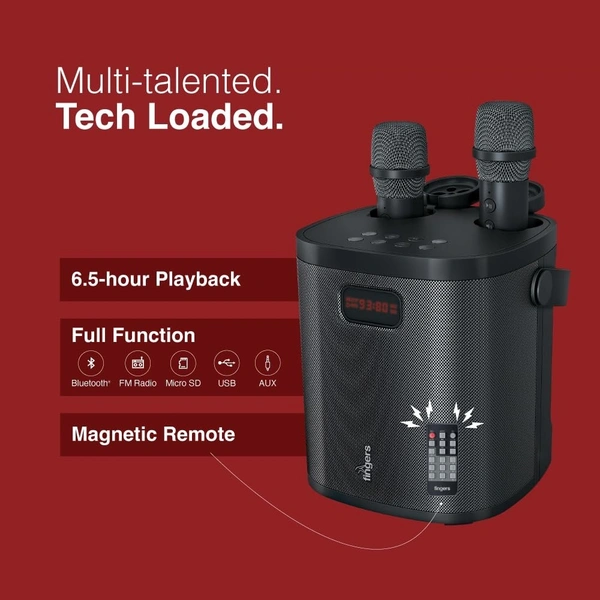 FINGERS 2Mic-GrooveBox Portable Speaker with 2 Wireless Mics (6.5-Hour Playback, 20 W Intense Bass, Recording Feature, Bluetooth | USB | MicroSD | FM Radio | AUX) Rich Black - GROOVE BOX 2MIC 37W