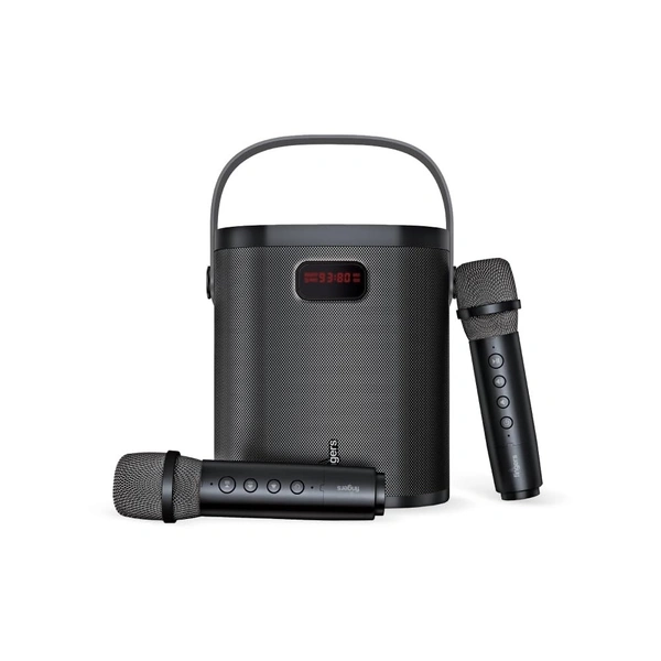FINGERS 2Mic-GrooveBox Portable Speaker with 2 Wireless Mics (6.5-Hour Playback, 20 W Intense Bass, Recording Feature, Bluetooth | USB | MicroSD | FM Radio | AUX) Rich Black