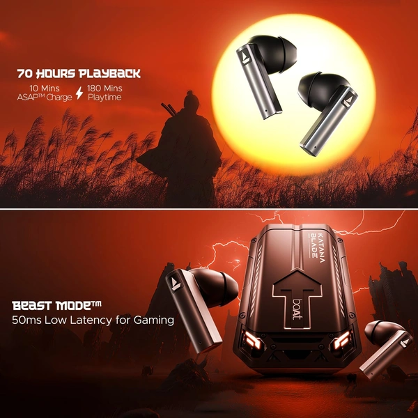 boAt Boat Immortal Katana Blade 2.0 TWS in Ear Earbuds, 70hrs Playback, IWP, Metal Glider & Gliding Blade Sound, 50 ms Low Latency Beast Mode, RGB LEDs, 4 Mics w/ENx & IPX4 Rating - KATANA BLADE 2.0