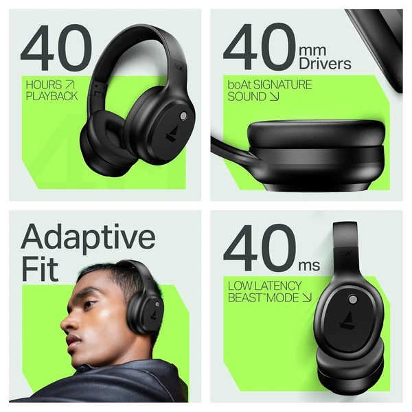 boAt Boat 2025 Launch Rockerz 421, 60H Battery, Low Latency(40Ms), 40Mm Drivers, Enx Tech, Stream Ad Free Music via App Support, Bluetooth Headphones, Wireless Over Ear Headphone with Mic (Black Sabre) - Rockerz 421