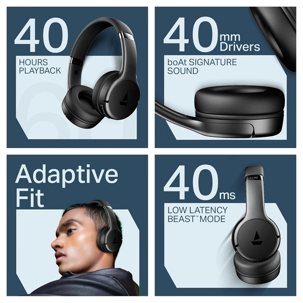 boAt Boat 2025 Launch Rockerz 411, 40Ms Low Latency, 40Hrs Battery, 40Mm Drivers, ENx Tech, Stream Ad Free Music via App Support, Bluetooth Headphones, Wireless Over Ear Headphone with Mic (Active Black) - Rockerz 411