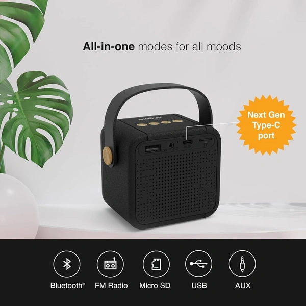 FINGERS SoundKing Portable Speaker with Magnificent Sound & Bold bass (Bluetooth® | FM Radio | MicroSD | USB | AUX, 12-Hour Playtime, Free Carry Strap, Built-in Mic) - Rich Black - SOUNDKING 5W