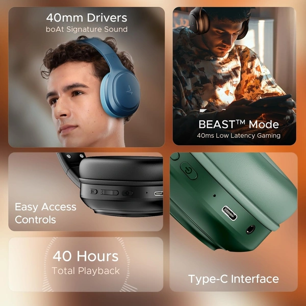 boAt Boat 2025 Launch Rockerz 411, 40Ms Low Latency, 40Hrs Battery, 40Mm Drivers, ENx Tech, Stream Ad Free Music via App Support, Bluetooth Headphones, Wireless Over Ear Headphone with Mic (Active Black) - Rockerz 430