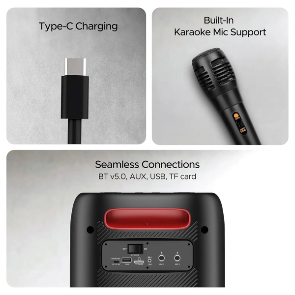 Boat Partypal 185 Speaker with 50 W Signature Sound, Up to 6 hrs Playtime, TWS Mode, Bluetooth v5.0, AUX Port, & USB Type-C Port - PARTYPAL 185