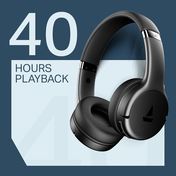 boAt Boat 2025 Launch Rockerz 411, 40Ms Low Latency, 40Hrs Battery, 40Mm Drivers, ENx Tech, Stream Ad Free Music via App Support, Bluetooth Headphones, Wireless Over Ear Headphone with Mic (Active Black) - Rockerz 411