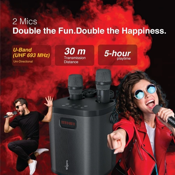 FINGERS 2Mic-GrooveBox Portable Speaker with 2 Wireless Mics (6.5-Hour Playback, 20 W Intense Bass, Recording Feature, Bluetooth | USB | MicroSD | FM Radio | AUX) Rich Black - GROOVE BOX 2MIC 37W