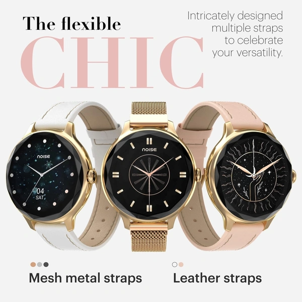 Noise Diva Smartwatch with Diamond Cut dial, Glossy Metallic Finish, AMOLED Display, Mesh Metal and Leather Strap Options, 100+ Watch Faces, Female Cycle Tracker smart Watch for Women (Gold Link) - DIVA MESH