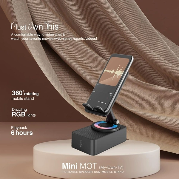 FINGERS Mini MOT (My-Own-TV) Bluetooth & USB Portable Speaker-Cum-Mobile Stand with 360ยฐ Rotation (Dazzling RGB Lights, 6-Hour Playback, Built-in Mic) - Rich Black - MINIMOT 5W
