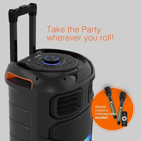 FINGERS RollingParties-51 Bluetooth Trolley Speaker with Powerful 50 W Deep Bass, RGB Lights, 15-Hour, Bundled 2 Wireless Mics & Additional 2 Mics (Rich Black) - ROLLING PARTIES 51