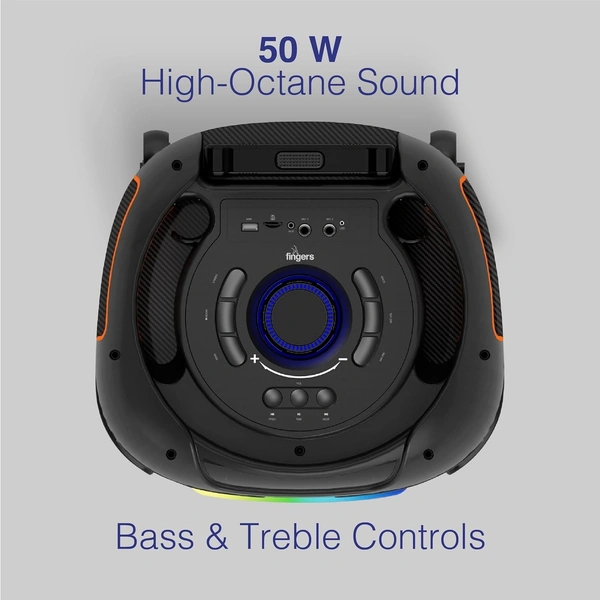 FINGERS RollingParties-51 Bluetooth Trolley Speaker with Powerful 50 W Deep Bass, RGB Lights, 15-Hour, Bundled 2 Wireless Mics & Additional 2 Mics (Rich Black) - ROLLING PARTIES 51
