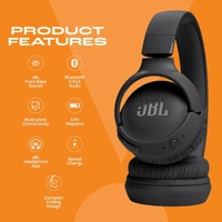 JBL Tune 520BT Wireless On Ear Headphones with Mic, Upto 57H Battery, Speed Charge : 5 Min Charge Gives Up to 3H of Playback, Multipoint Connect, Customizable Bass with Headphones App, BT 5.3 - TUNE 520BT