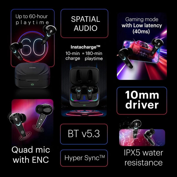 Noise Newly Launched Buds Combat X in Ear Truly Wireless Gaming Earbuds with 40Ms Low Latency, 60H of Playtime, Spatial Audio, RGB Lights,Instacharge(10 Min=180 Min),10Mm Driver,Bt V5.3 - COMBAT X