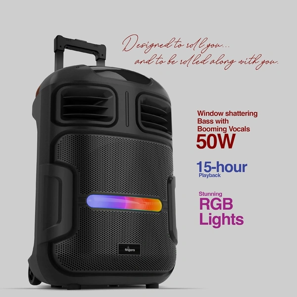 FINGERS RollingParties-51 Bluetooth Trolley Speaker with Powerful 50 W Deep Bass, RGB Lights, 15-Hour, Bundled 2 Wireless Mics & Additional 2 Mics (Rich Black) - ROLLING PARTIES 51