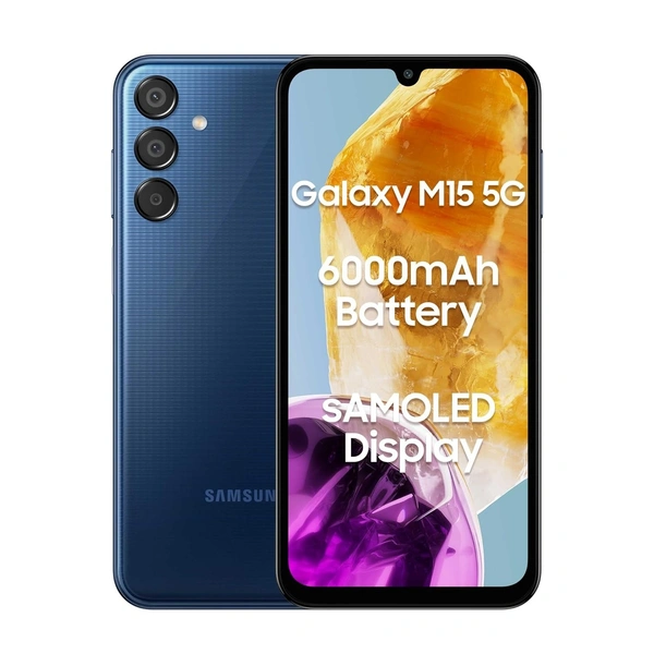 Samsung Galaxy M15 5G (Blue Topaz,4GB RAM,128GB Storage)| 50MP Triple Cam| 6000mAh Battery| MediaTek Dimensity 6100+| 4 Gen. OS Upgrade & 5 Year Security Update| Super AMOLED Display| Without Charger - Galaxy M15 5G