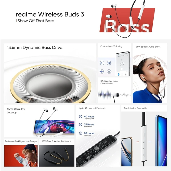 REALME realme Buds Wireless 3 in Ear Bluetooth Headphones,30dB ANC, Spatial Audio,13.6mm Dynamic Bass Driver,Upto 40 Hours Playback, Fast Charging, 45ms Low Latency for Gaming,Dual Device Connection (Black) - WIRELESS 3
