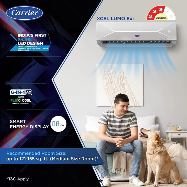 Carrier 1.5 Ton 3 Star X-Line LED Flexicool Inverter Split AC (Copper,Smart Energy Display, Convertible 6-in-1,Dual Filtration with HD & PM 2.5 Filter, XCEL LUMO EXI, CAI18CL3R34F0,White) - XCELLUMOEXI