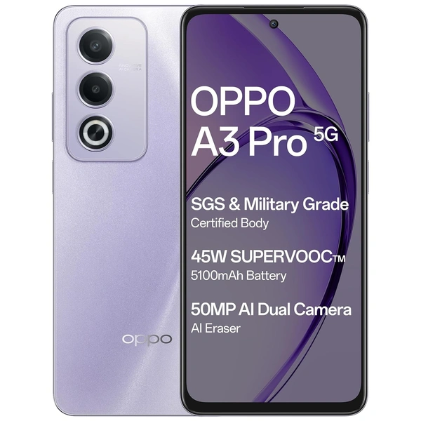 Oppo A3 Pro 5G (Moonlight Purple, 8GB RAM, 128GB Storage)|6.67” HD+ 120Hz Refresh Rate Screen | 45W SUPERVOOC - Oppo A3 Pro 5G
