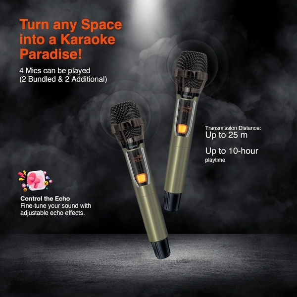 FINGERS RollingParties-110 Bluetooth Trolley Speaker with Powerful 110 W Deep Bass, 8-Hour Playtime,Guitar Input, TWS Support, Bundled 2 Wireless Mics & Additional 2 Mics (Rich Black) - ROLLING PARTIES 110