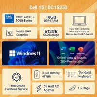 Dell 15 Laptop, 14th Gen Intel Core 3 100U Processor, 8GB, 512GB, Intel UHD Graphics Graphics, 15.6" FHD 120Hz IPS 250 nit Displa, Win 11 , black1.63kg - 39.62 cm (15.6 Inch), Black, Core 3, 512 GB, 8 GB, DDR4, 100U, Up to 4.70GHz, SSD, NO, Intel, Intel Integrated UHD, Windows 11 Home, Laptop, Power Adaptor, User Guide, Warranty Documents