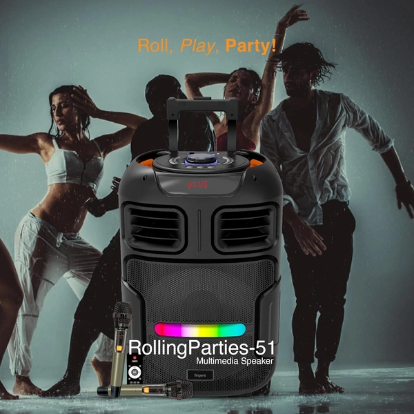 FINGERS RollingParties-51 Bluetooth Trolley Speaker with Powerful 50 W Deep Bass, RGB Lights, 15-Hour, Bundled 2 Wireless Mics & Additional 2 Mics (Rich Black) - ROLLING PARTIES 51